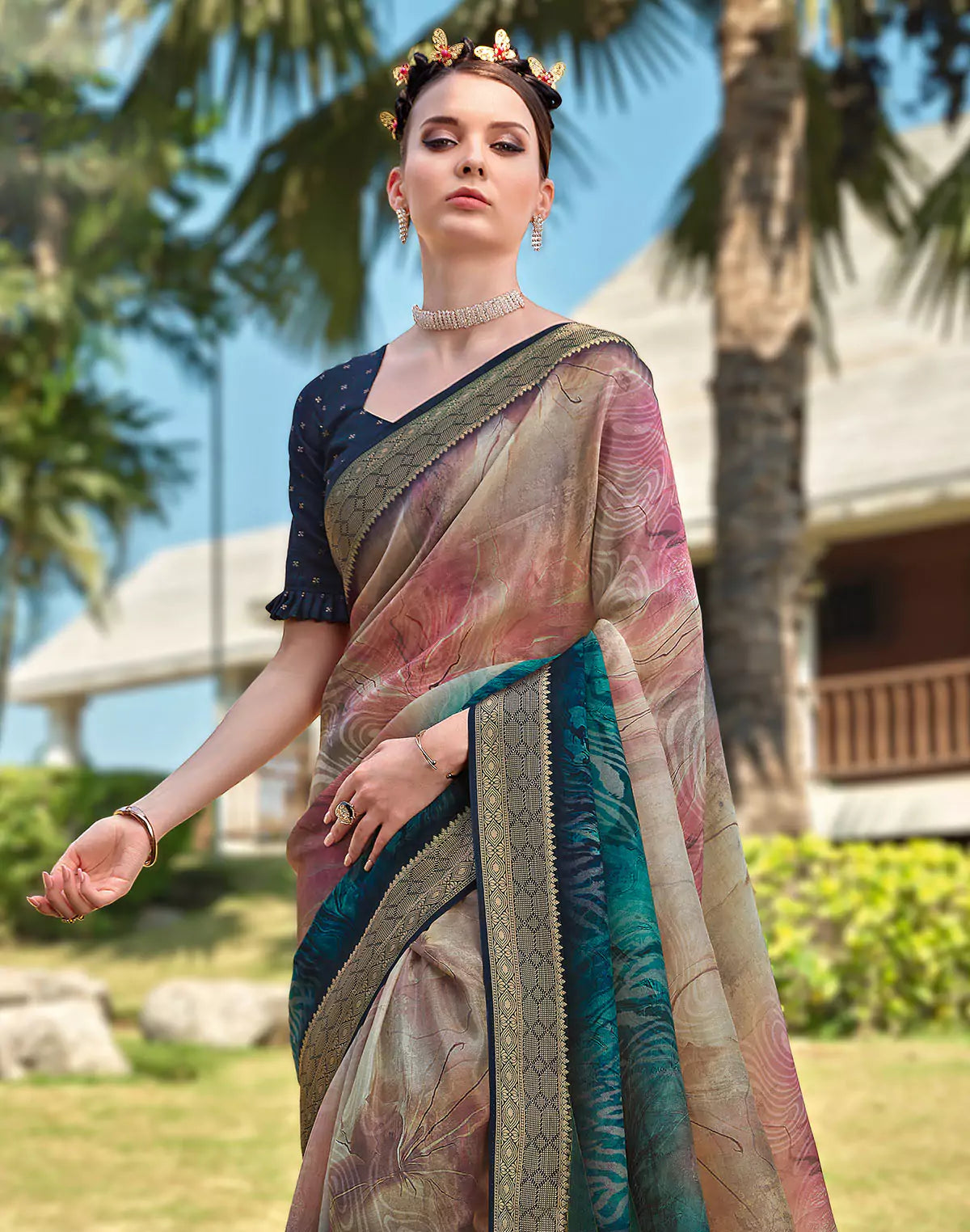 Image of Graphic design smooth Dola Silk Beige Saree