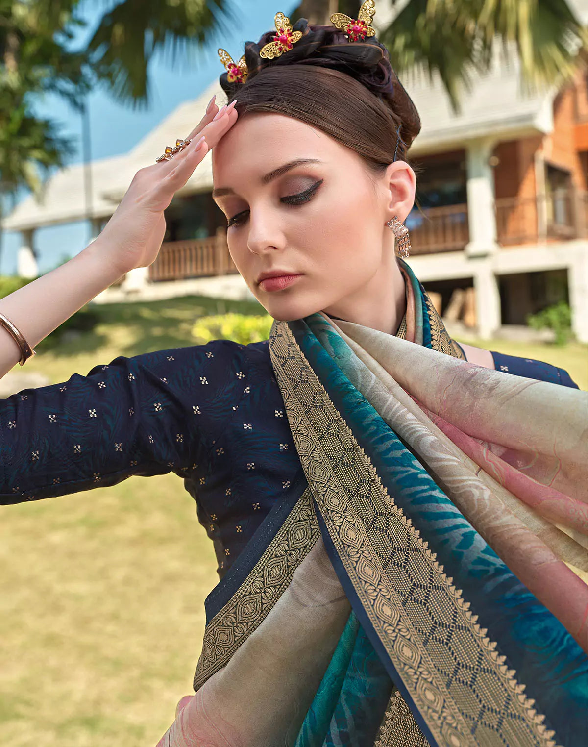 Image of Graphic design smooth Dola Silk Beige Saree