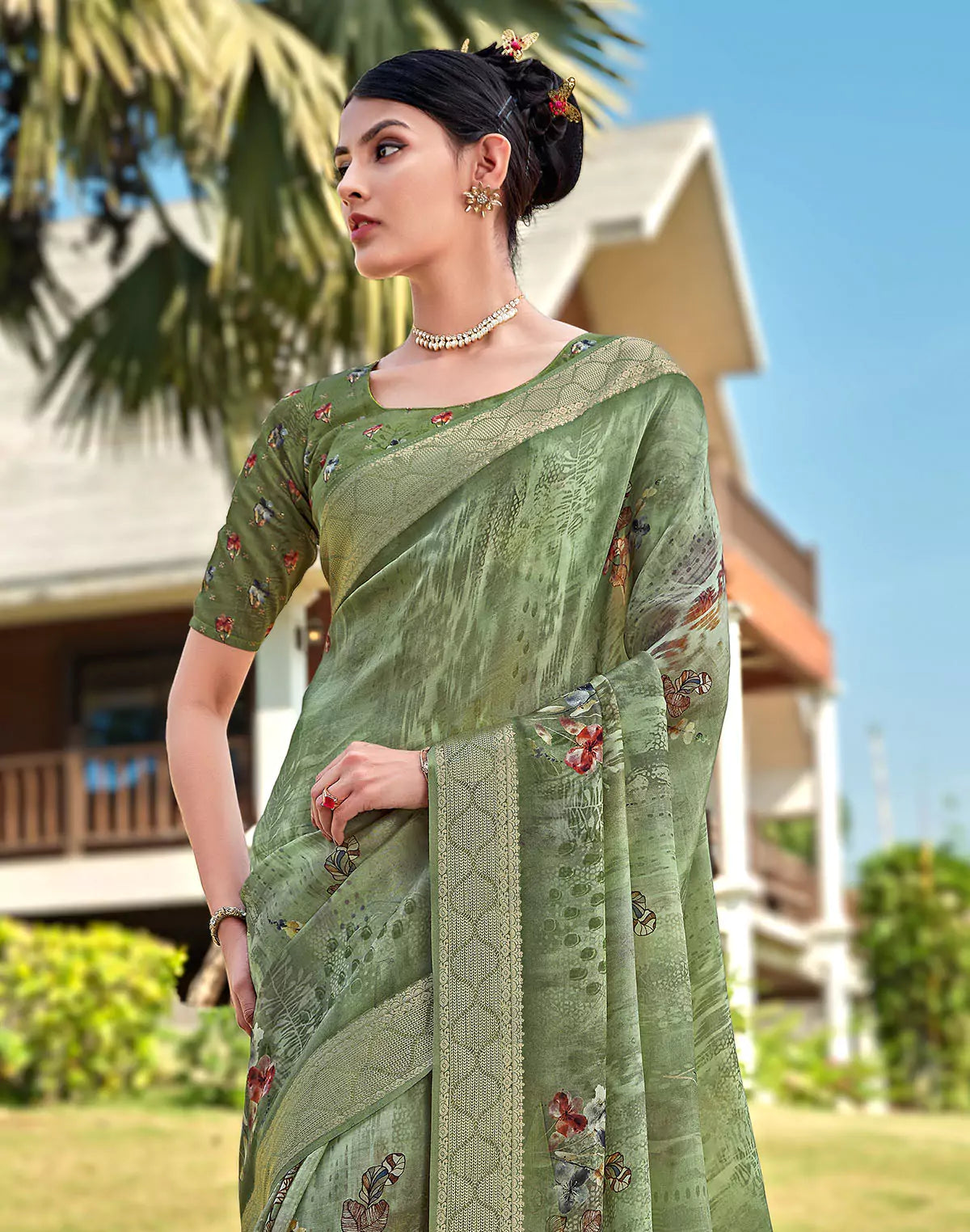 Image of Olive Green Floral Motifs Dola Silk Saree