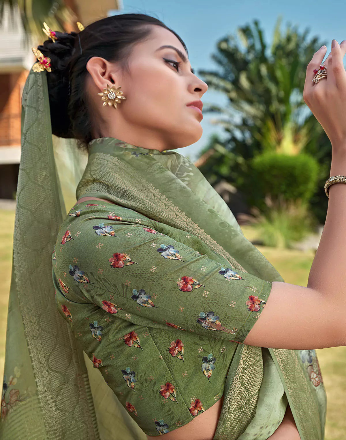 Image of Olive Green Floral Motifs Dola Silk Saree