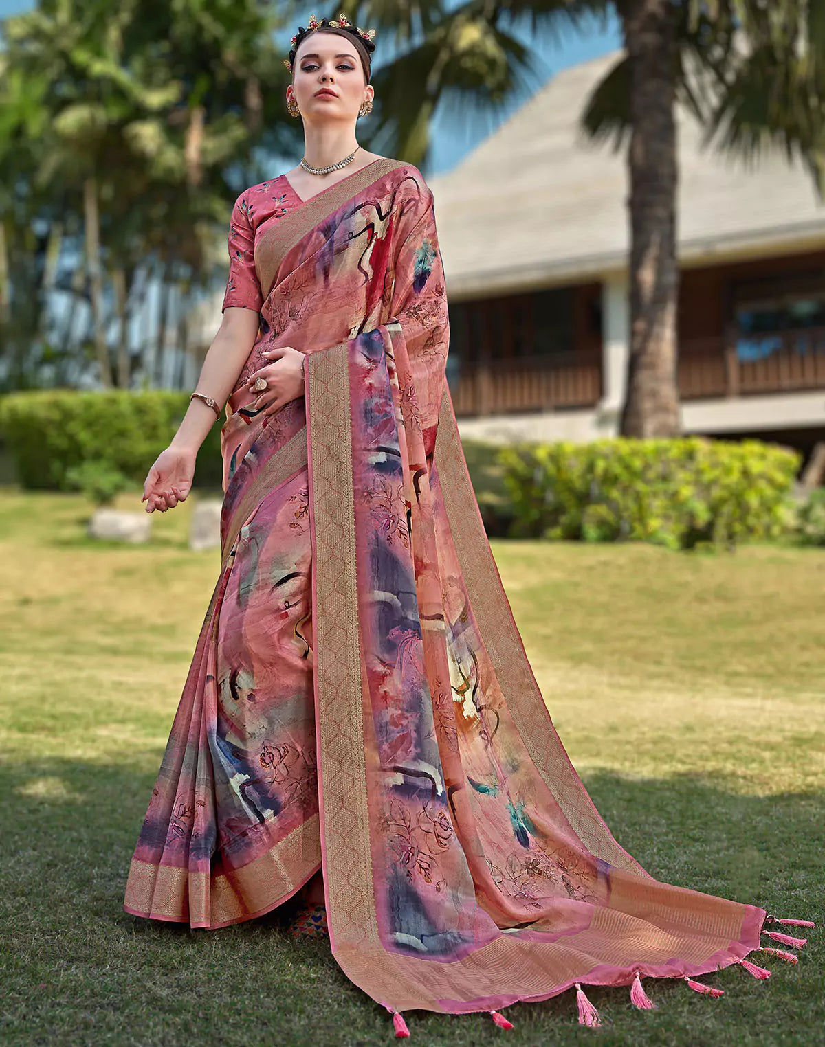 Image of Peach Coloured Soft Dola Silk Saree