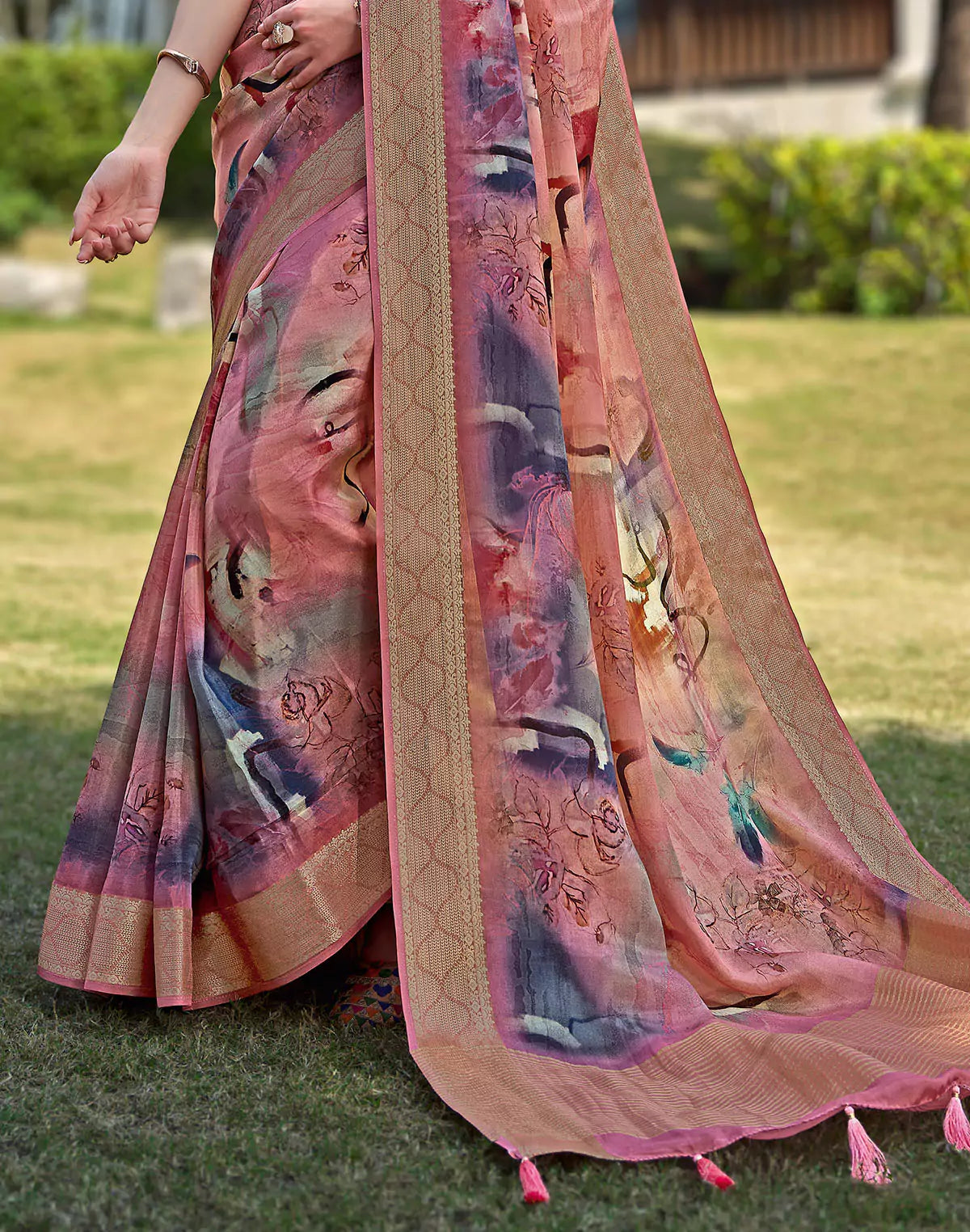 Image of Peach Coloured Soft Dola Silk Saree