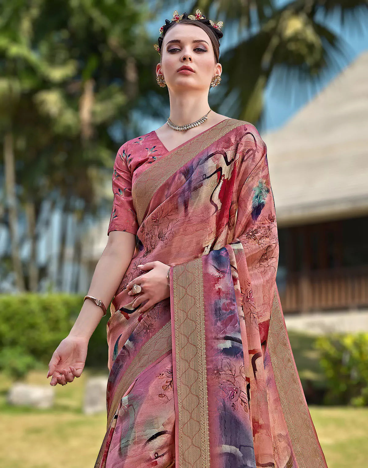 Image of Peach Coloured Soft Dola Silk Saree
