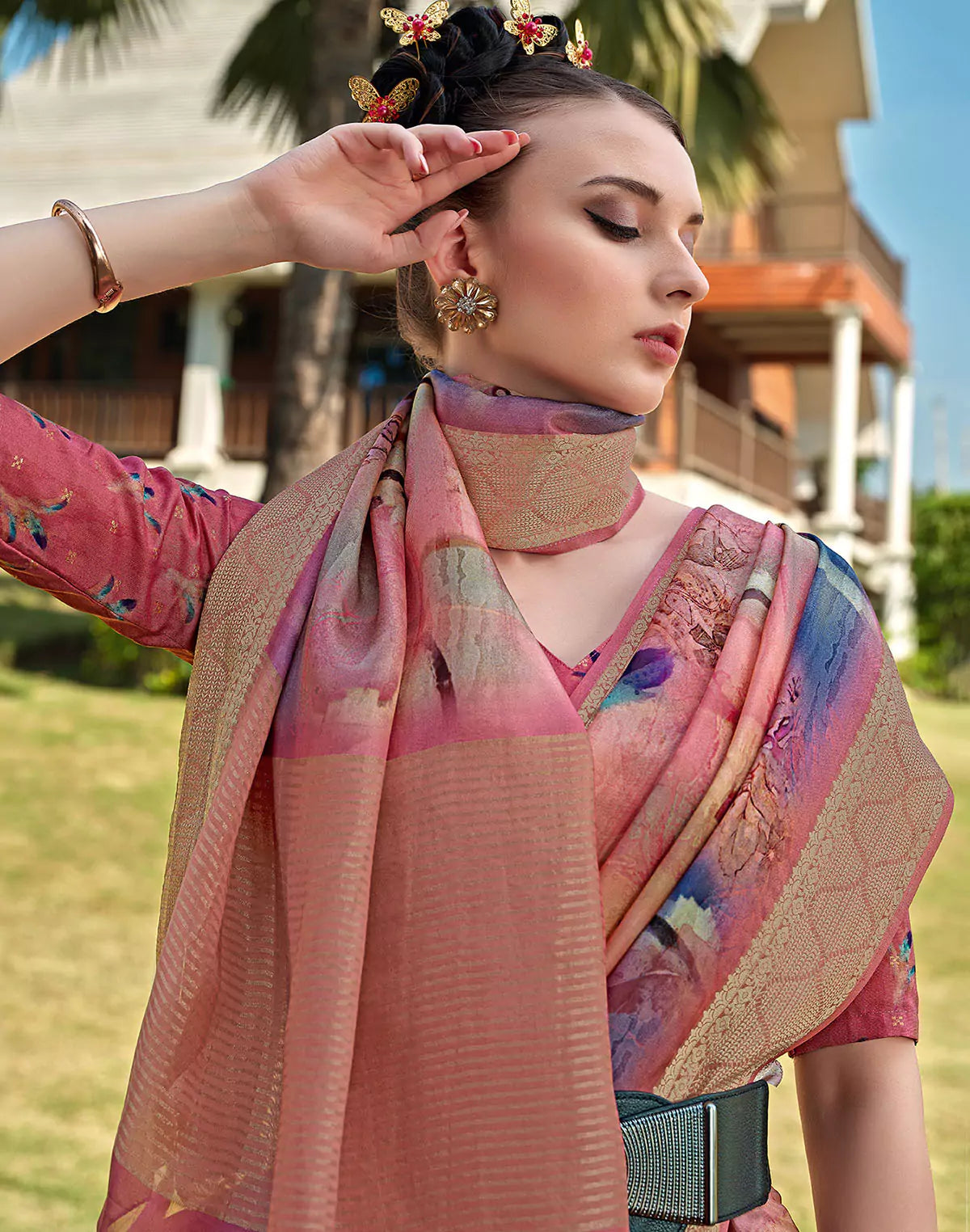 Image of Peach Coloured Soft Dola Silk Saree