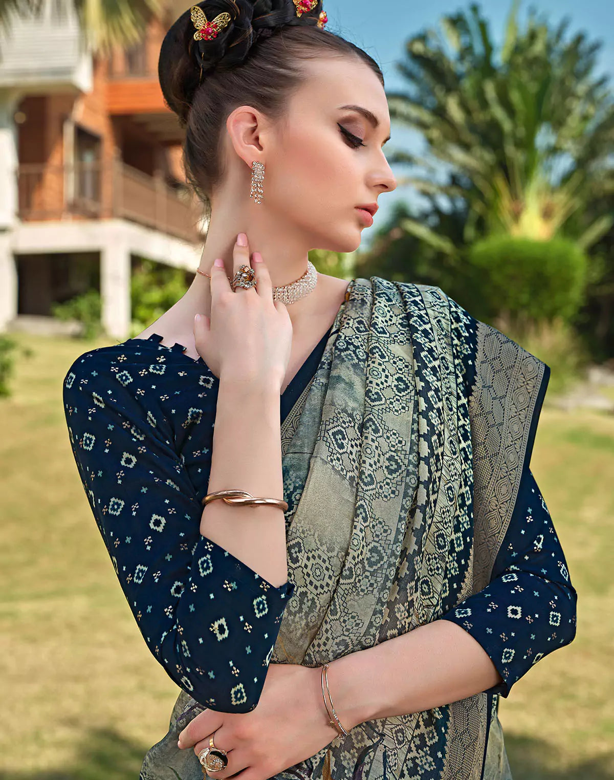 Image of Light Grey Dola Silk Fabric Fancy Saree