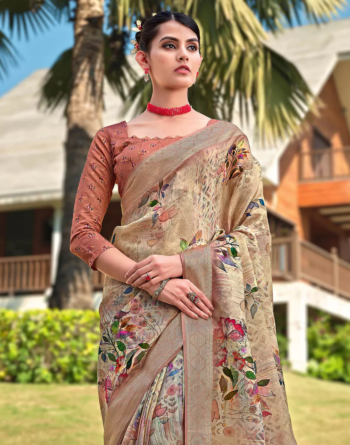 Image of Attractive Light Orange Dola Silk Floral Design Saree