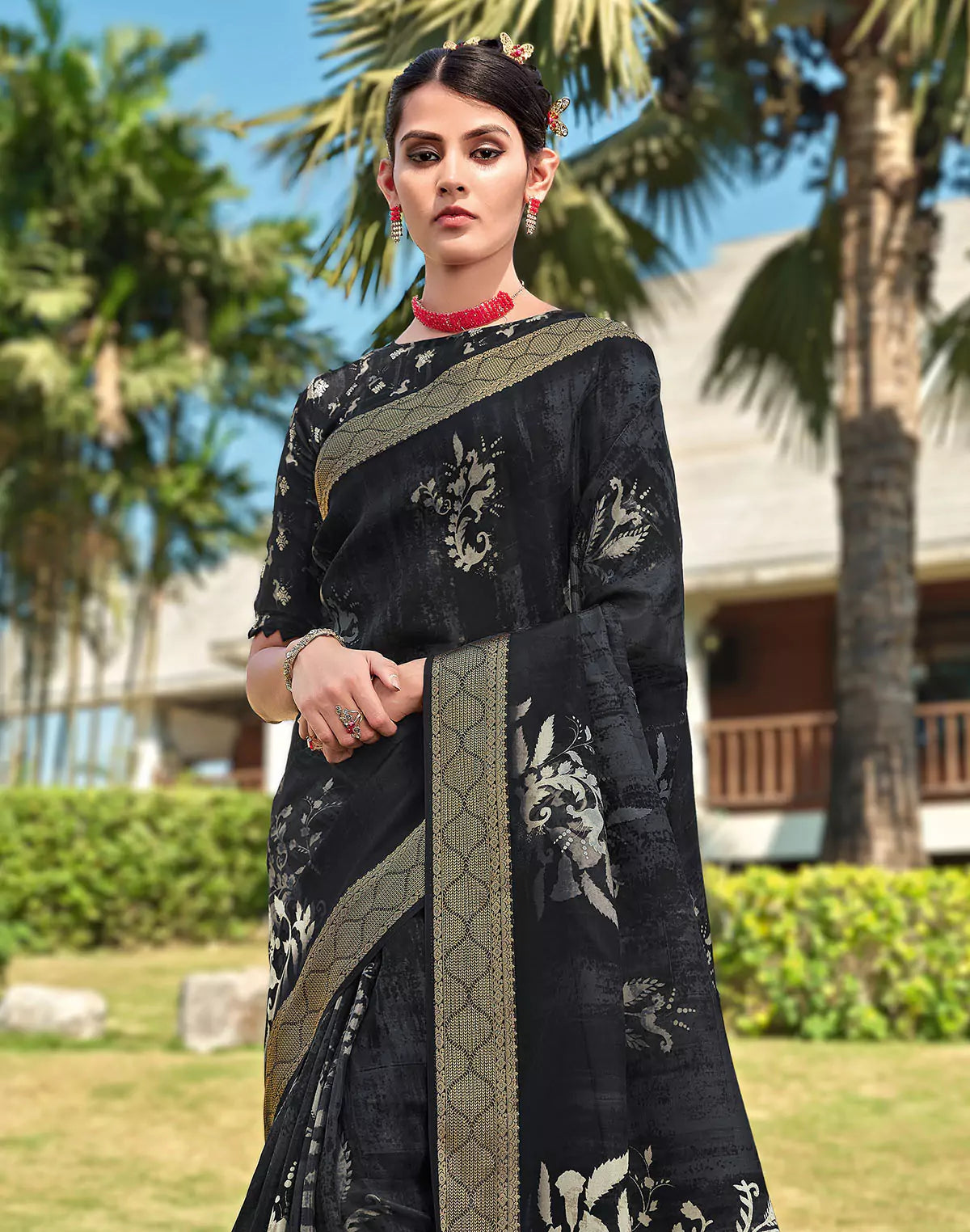 Image of Black Coloured Ethnic Motifs Dola Silk Saree