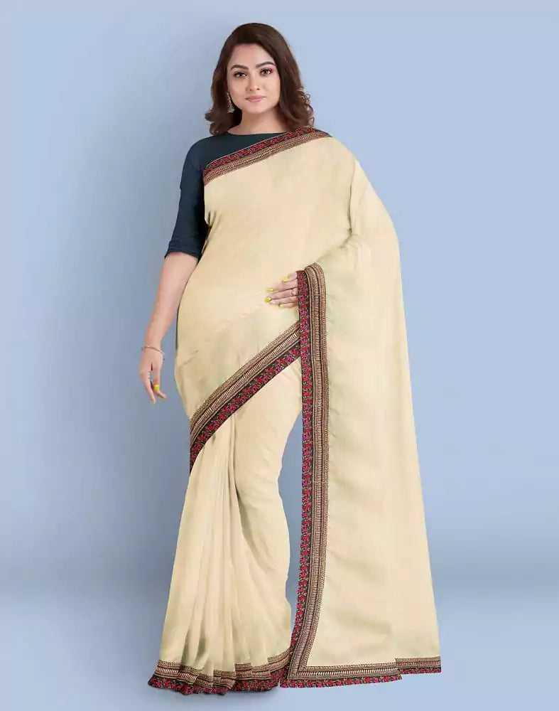 Image of Cream Plain Satin Saree
