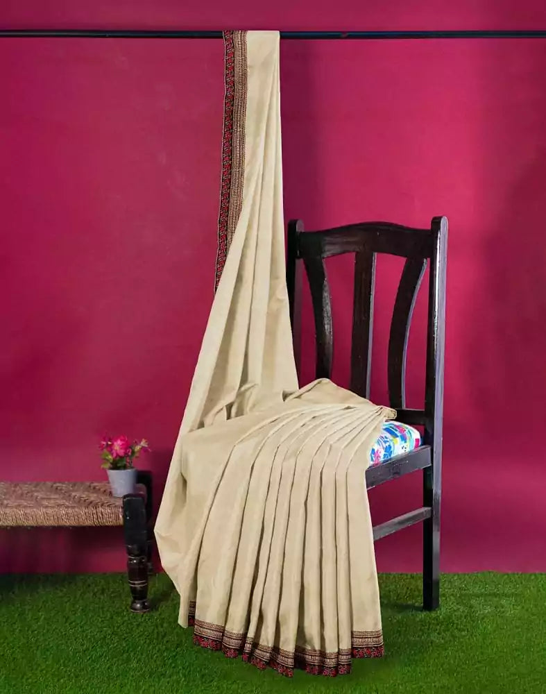 Image of Cream Plain Satin Saree