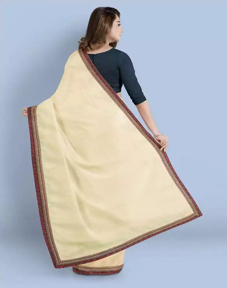 Image of Cream Plain Satin Saree
