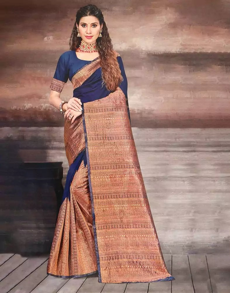 Image of Navy Blue Plain Thread work Art Silk Saree