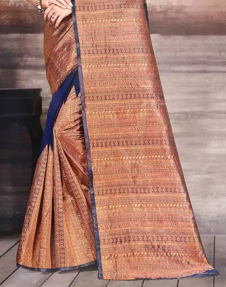 Image of Navy Blue Plain Thread work Art Silk Saree