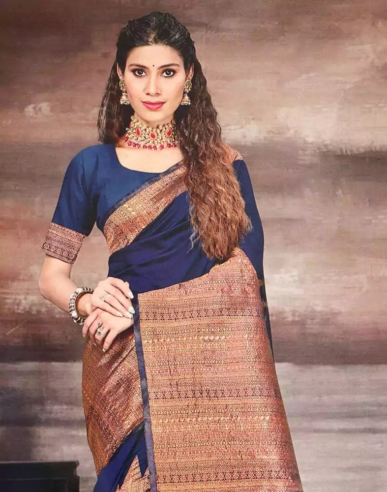 Image of Navy Blue Plain Thread work Art Silk Saree