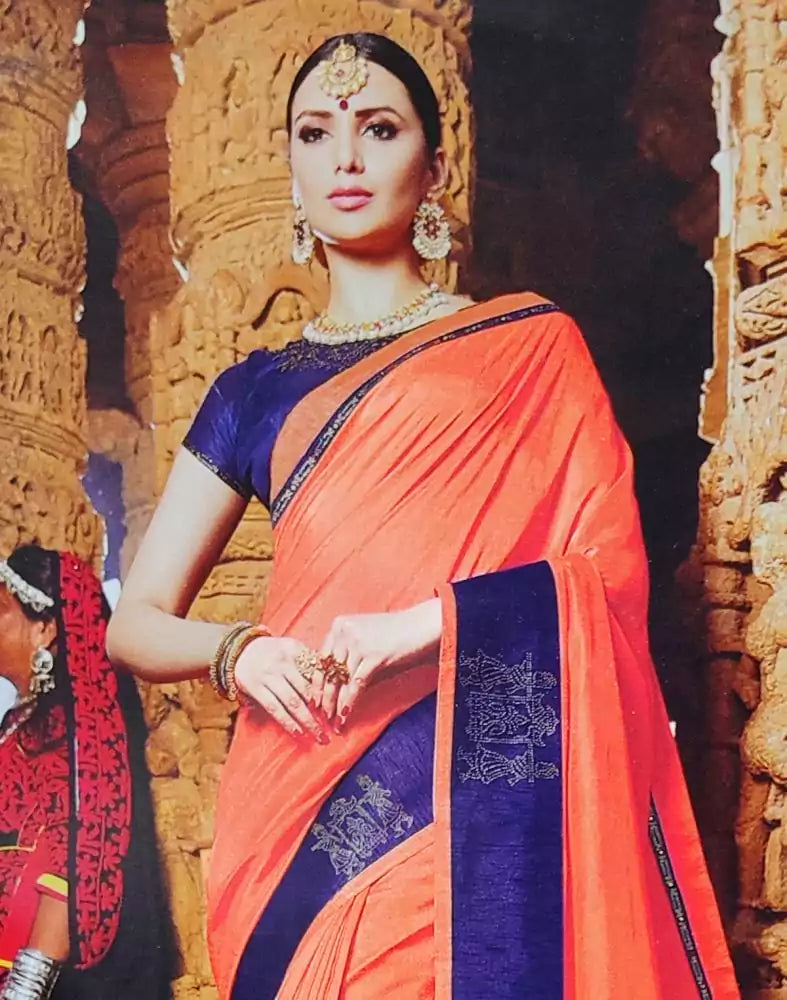 Image of Orange Art Silk Stones work Saree