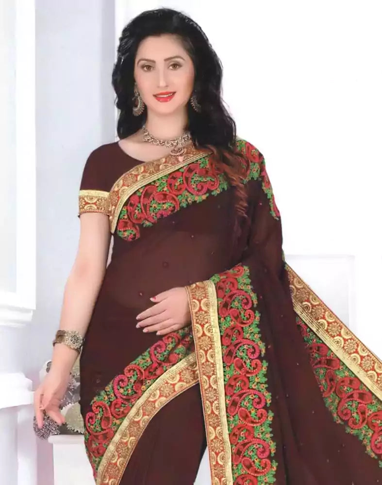 Image of Brown Paisley Georgette Embroidery Saree