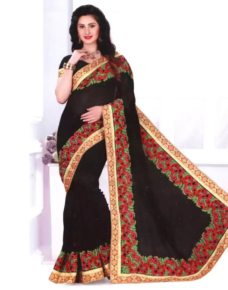 Image of Black Paisley Georgette Embroidery Saree