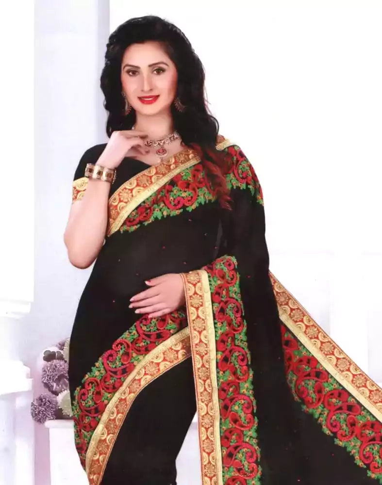 Image of Black Paisley Georgette Embroidery Saree