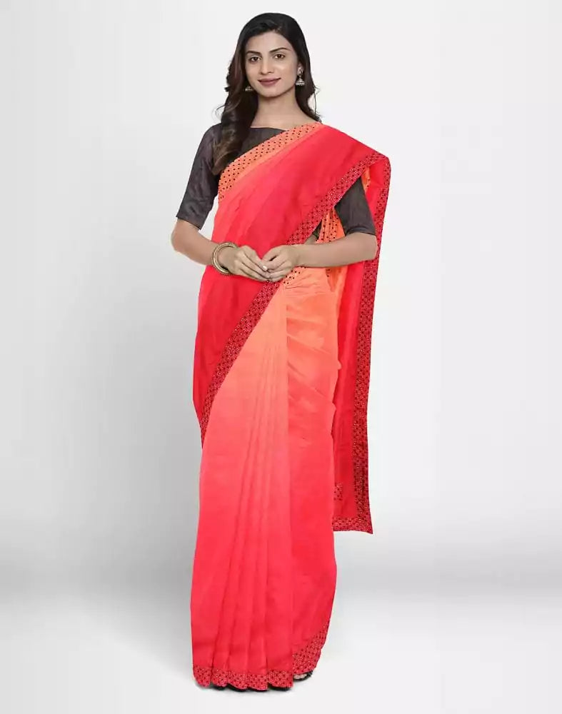 Image of Red Plain Stones work Crape Saree