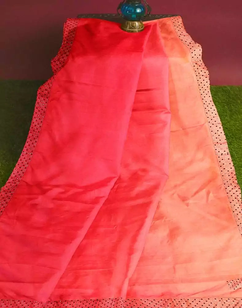 Image of Red Plain Stones work Crape Saree