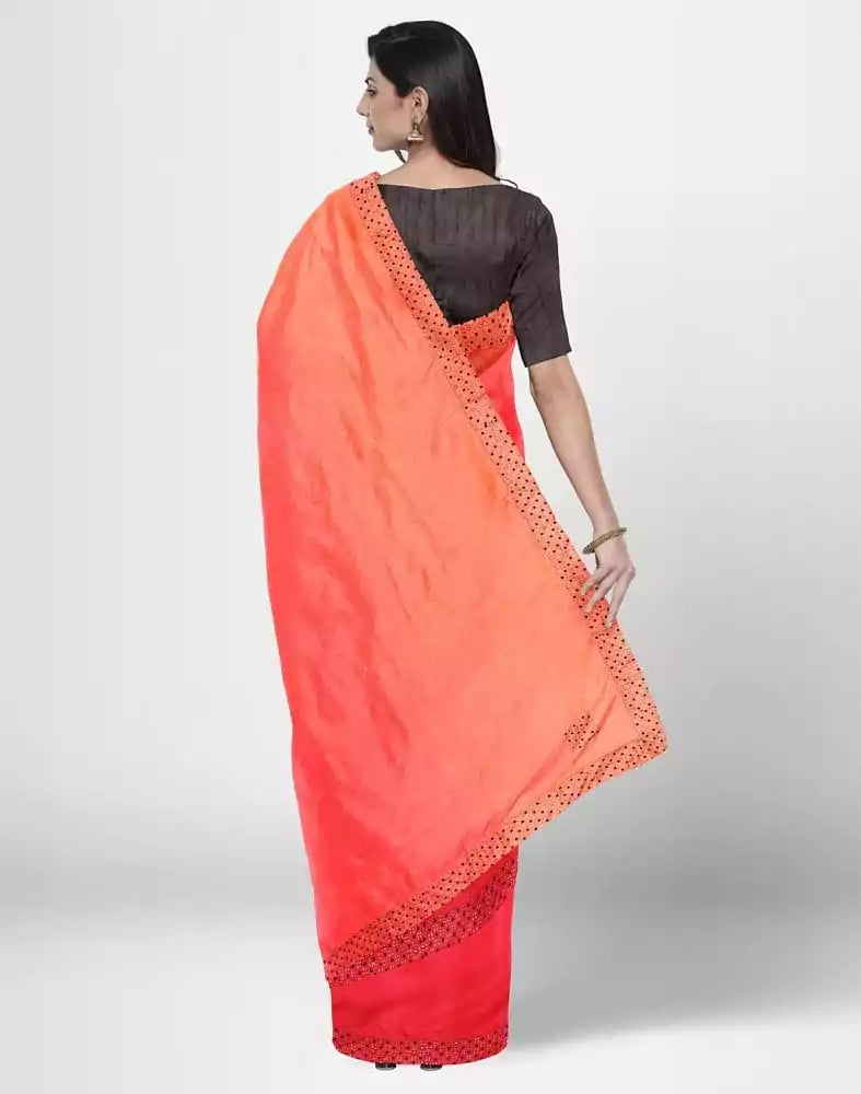 Image of Red Plain Stones work Crape Saree