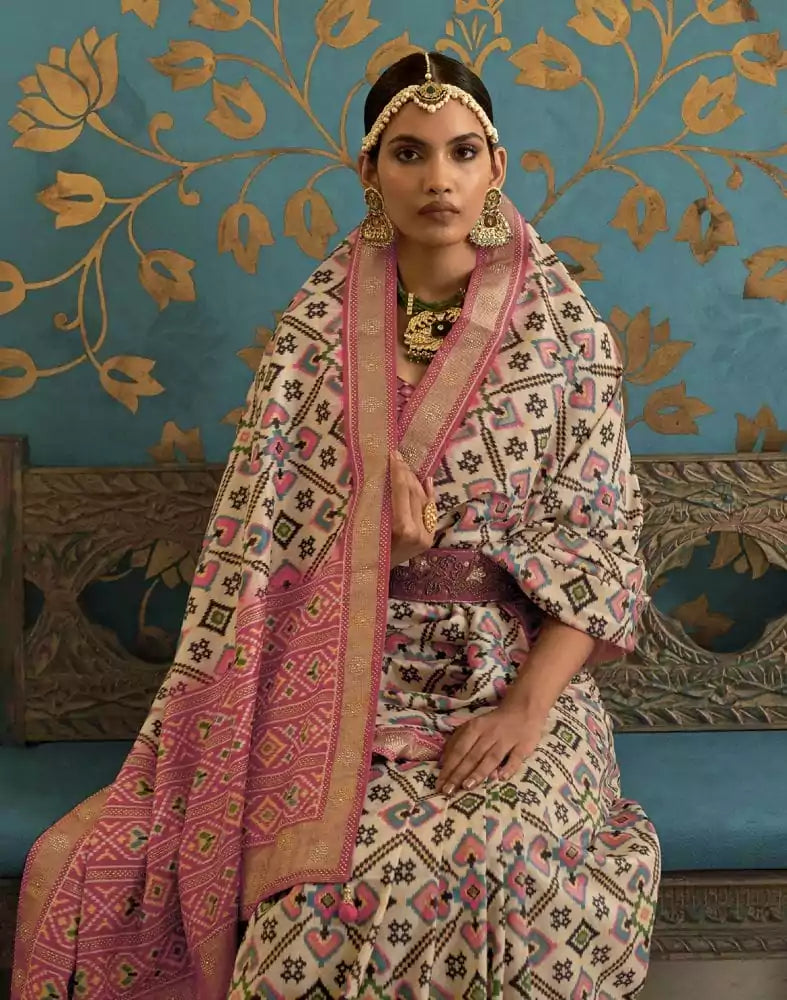 Image of Cream Ikat Priyam Patola Saree