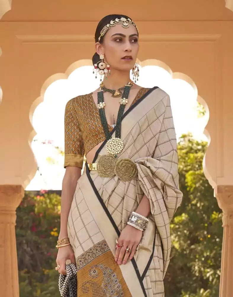 Image of Beige Checks Pattern Soft Silk Half and Half Saree