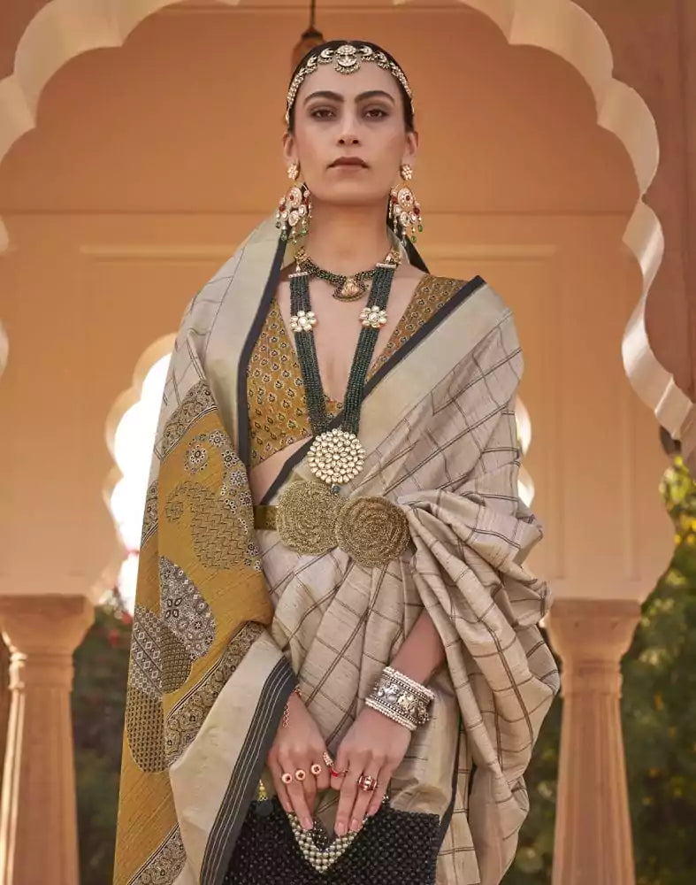 Image of Beige Checks Pattern Soft Silk Half and Half Saree