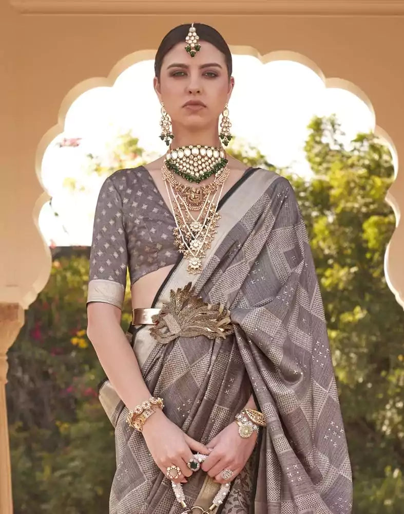 Image of Grey Checkered Print Soft Silk Half and Half Saree