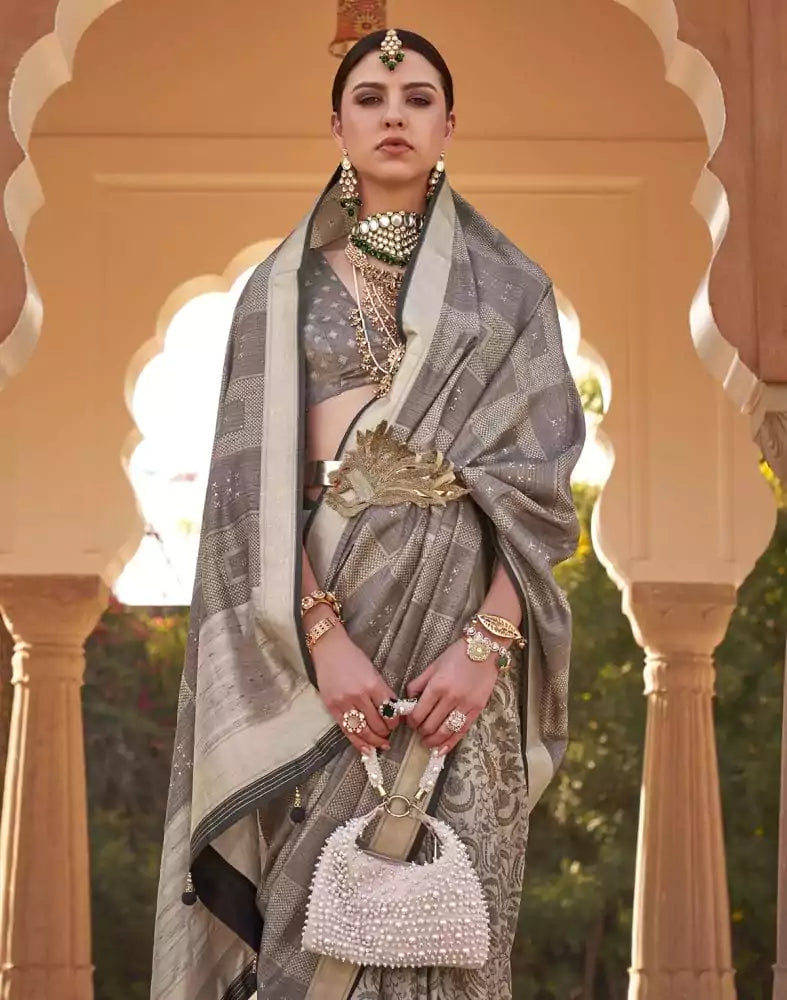 Image of Grey Checkered Print Soft Silk Half and Half Saree