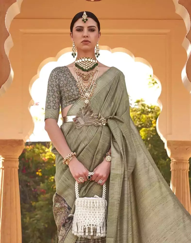 Image of Light Green Soft Silk Half and Half Saree