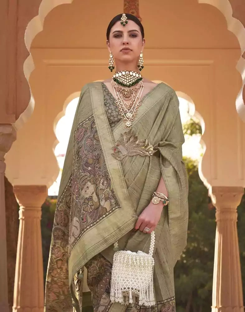 Image of Light Green Soft Silk Half and Half Saree