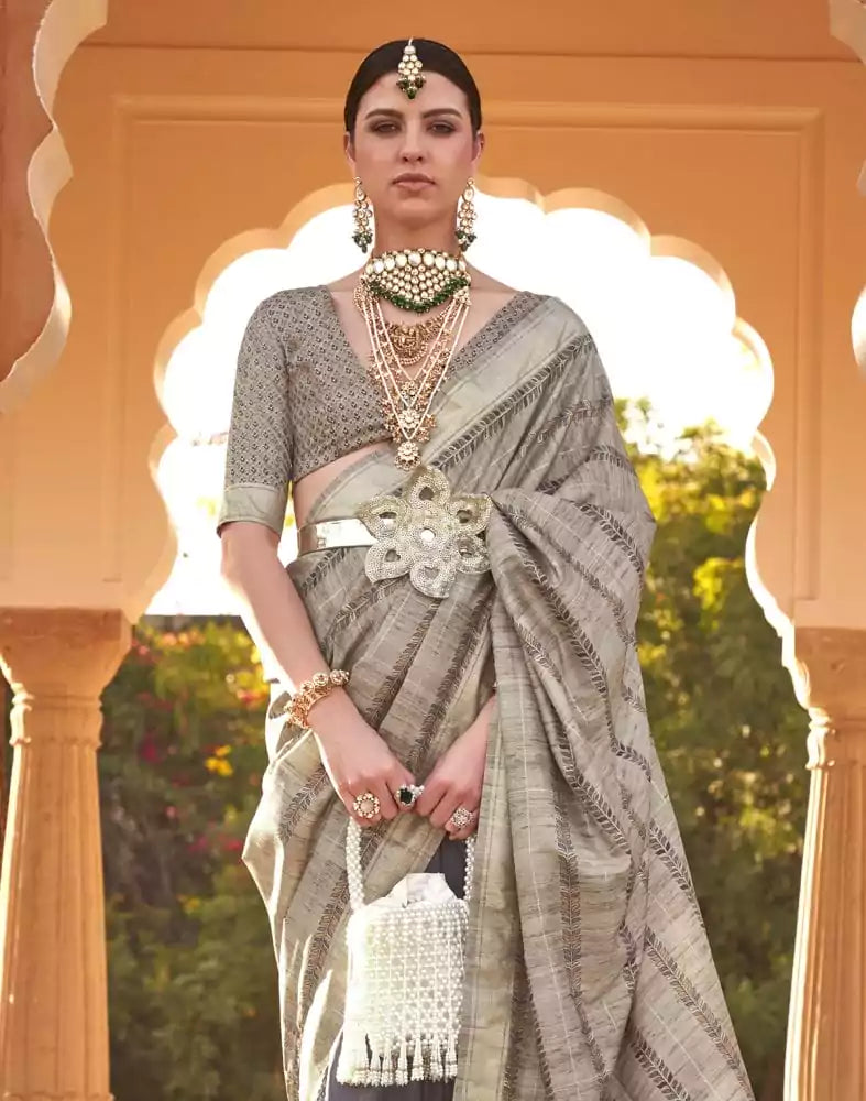 Image of Beige Botanical Print Soft Silk Half and Half Saree