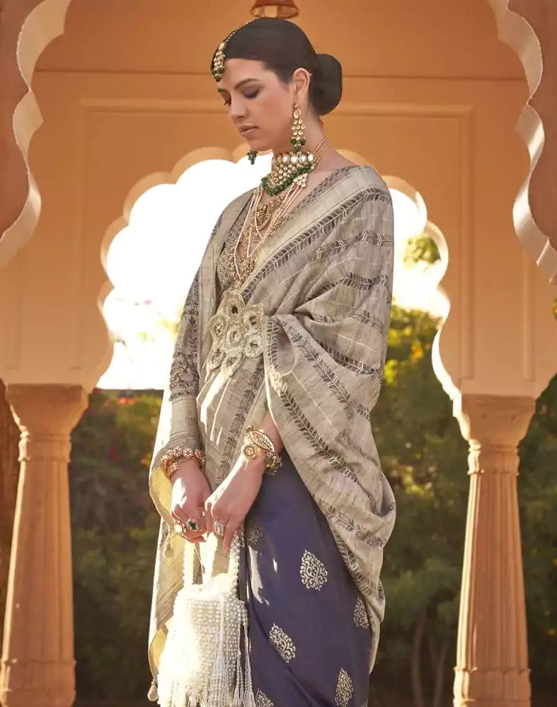 Image of Beige Botanical Print Soft Silk Half and Half Saree