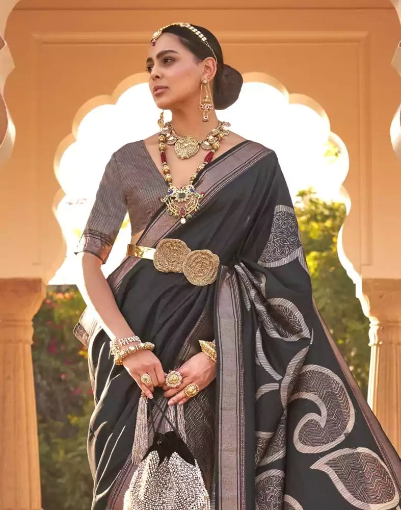 Image of Black Chevron Print Half and Half Soft Silk Saree