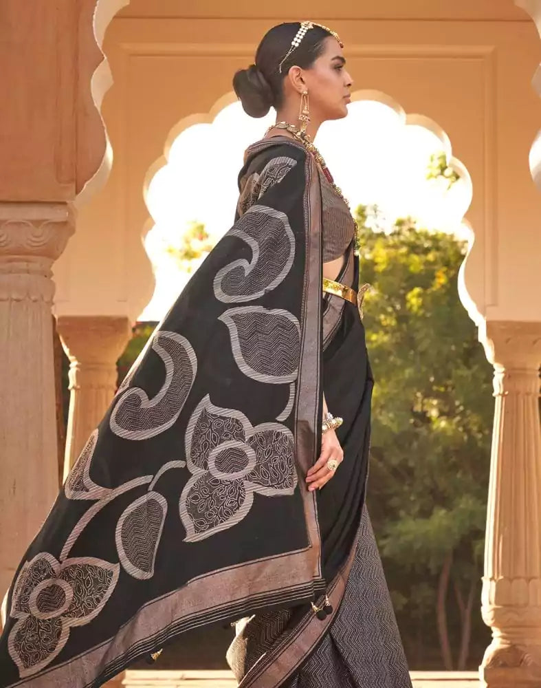 Image of Black Chevron Print Half and Half Soft Silk Saree