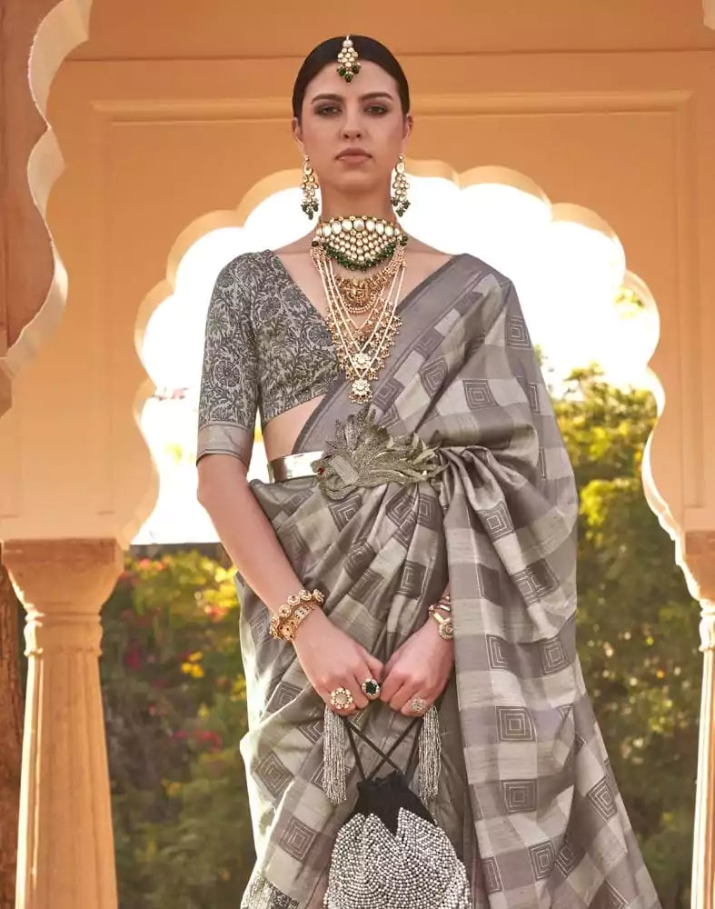 Image of Beige Geometric Print Soft Silk Half and Half Saree