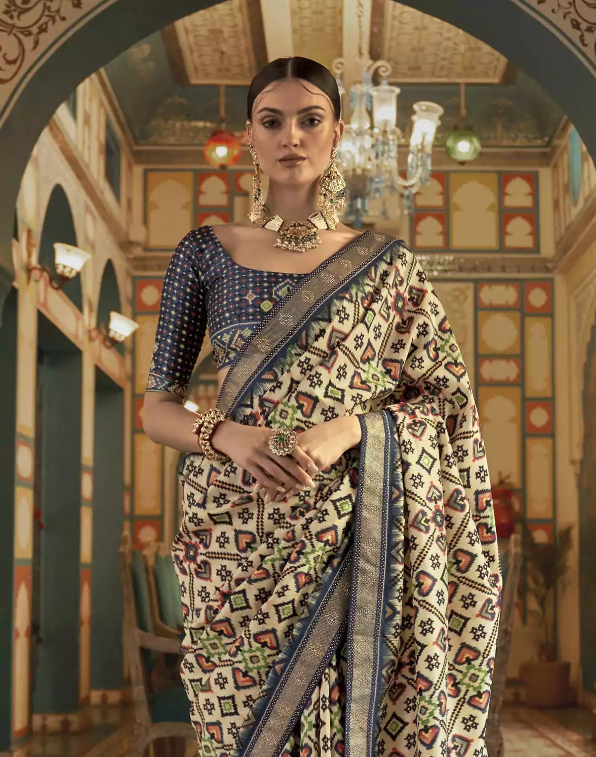 Image of Admiral Cream Ikat Print Patola Saree