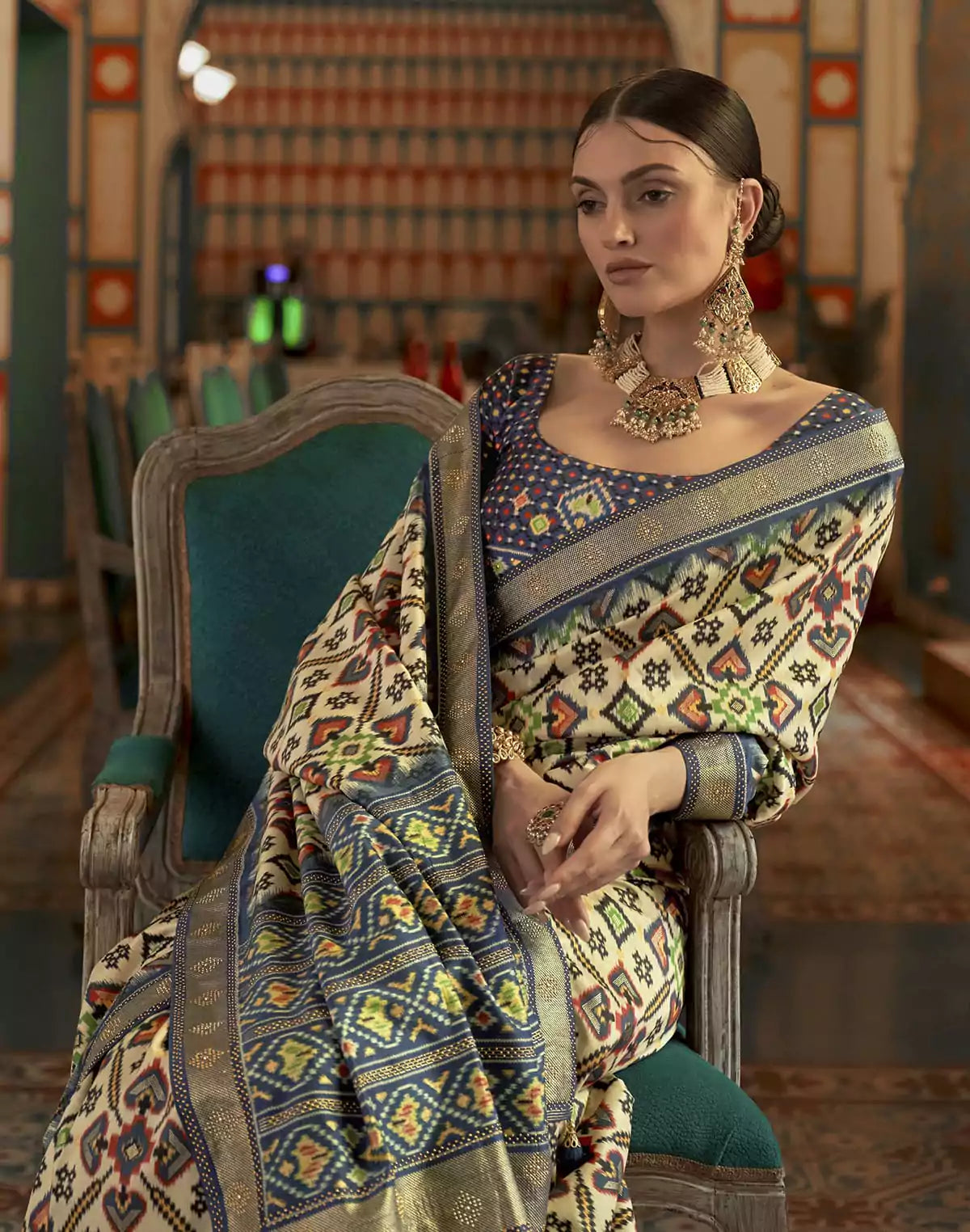 Image of Admiral Cream Ikat Print Patola Saree