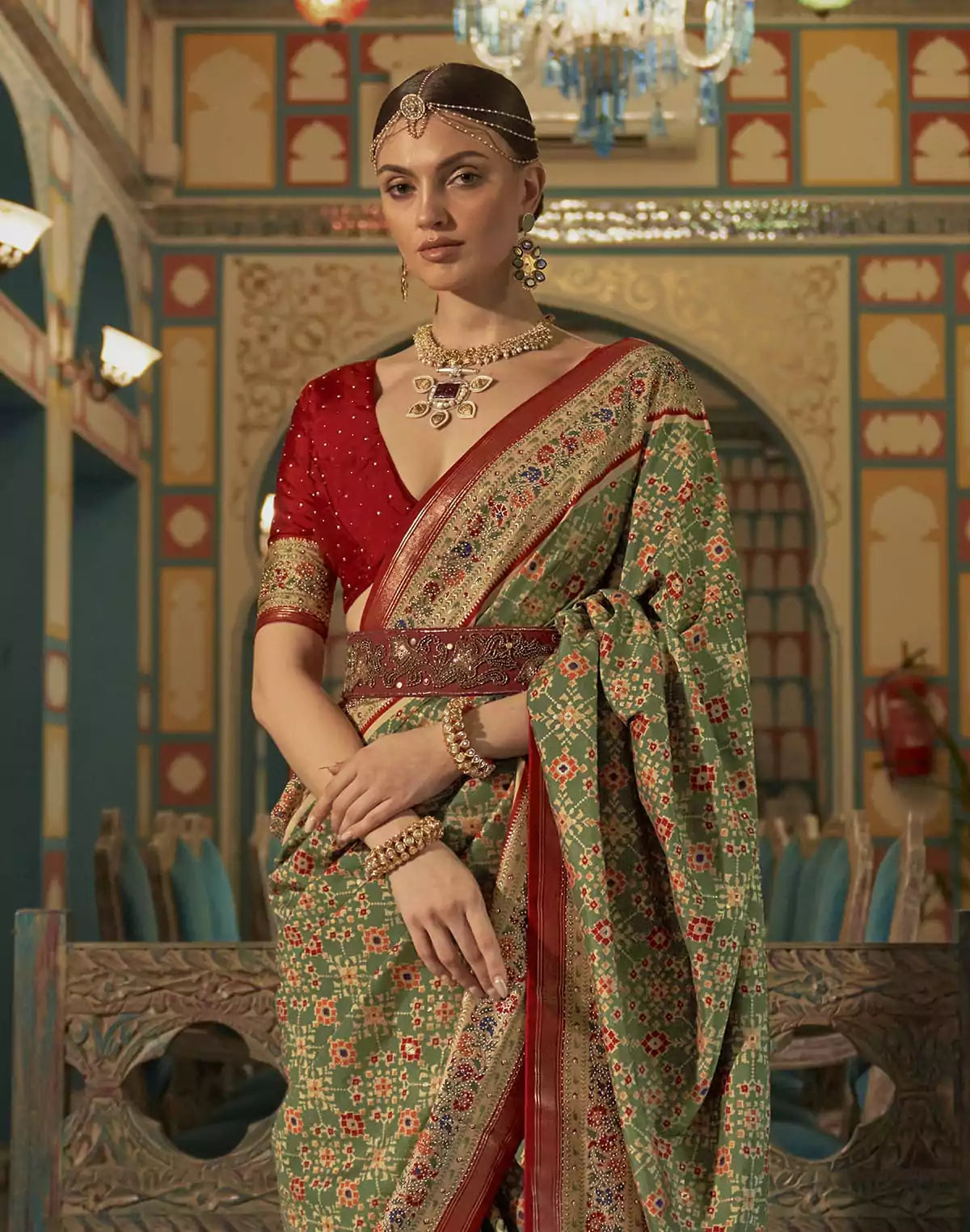 Image of Green and Maroon Ikat Print Patola Saree