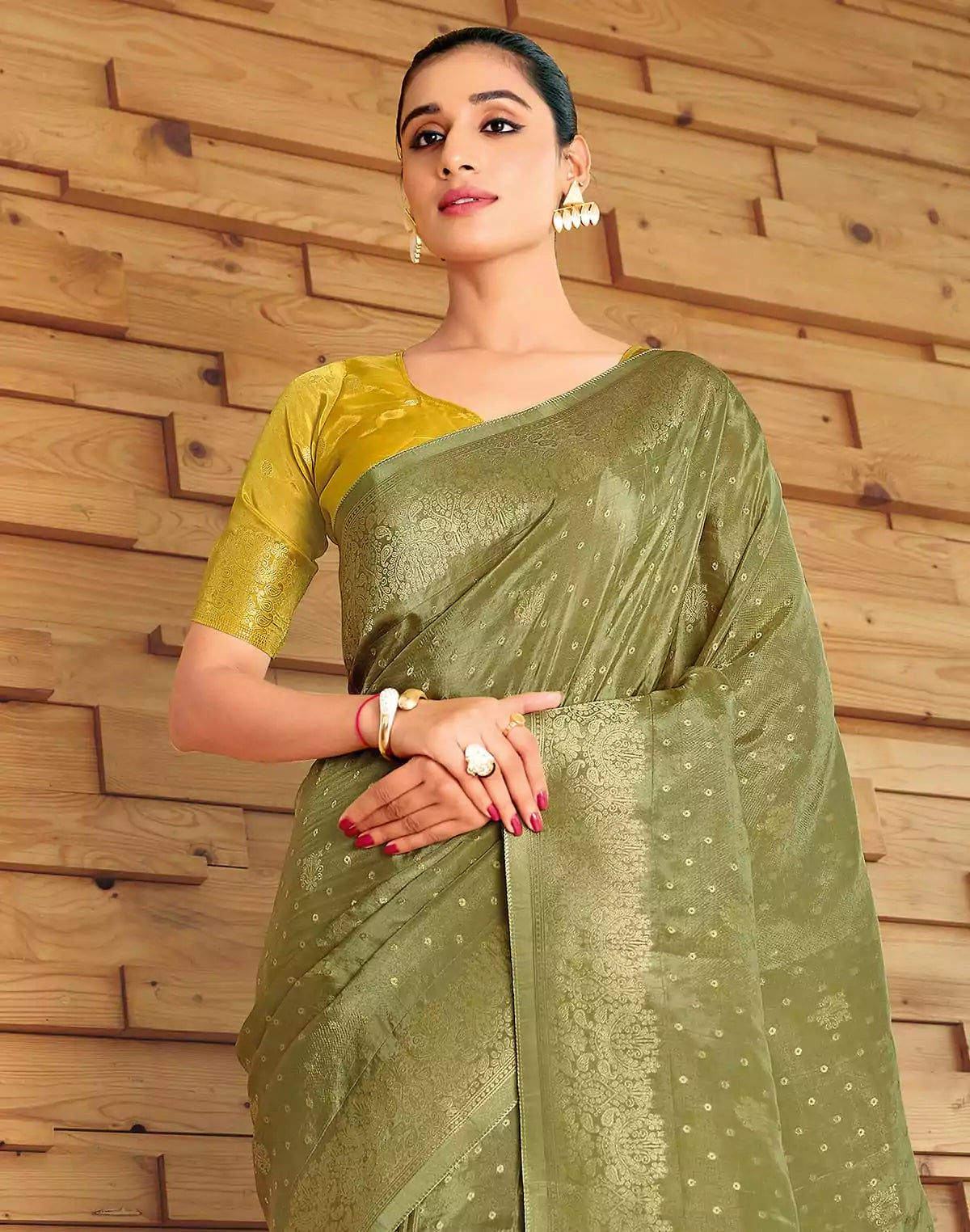 Image of Olive Green Semi Crape Embellished work Saree