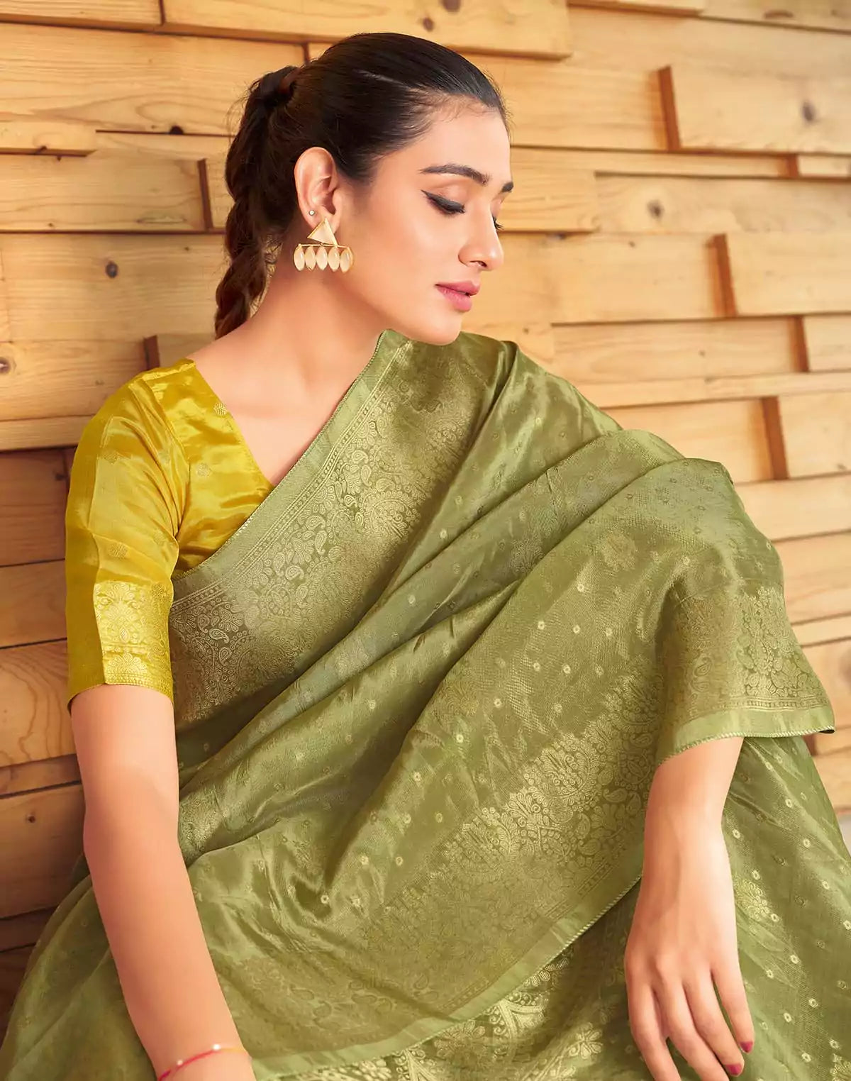 Image of Olive Green Semi Crape Embellished work Saree