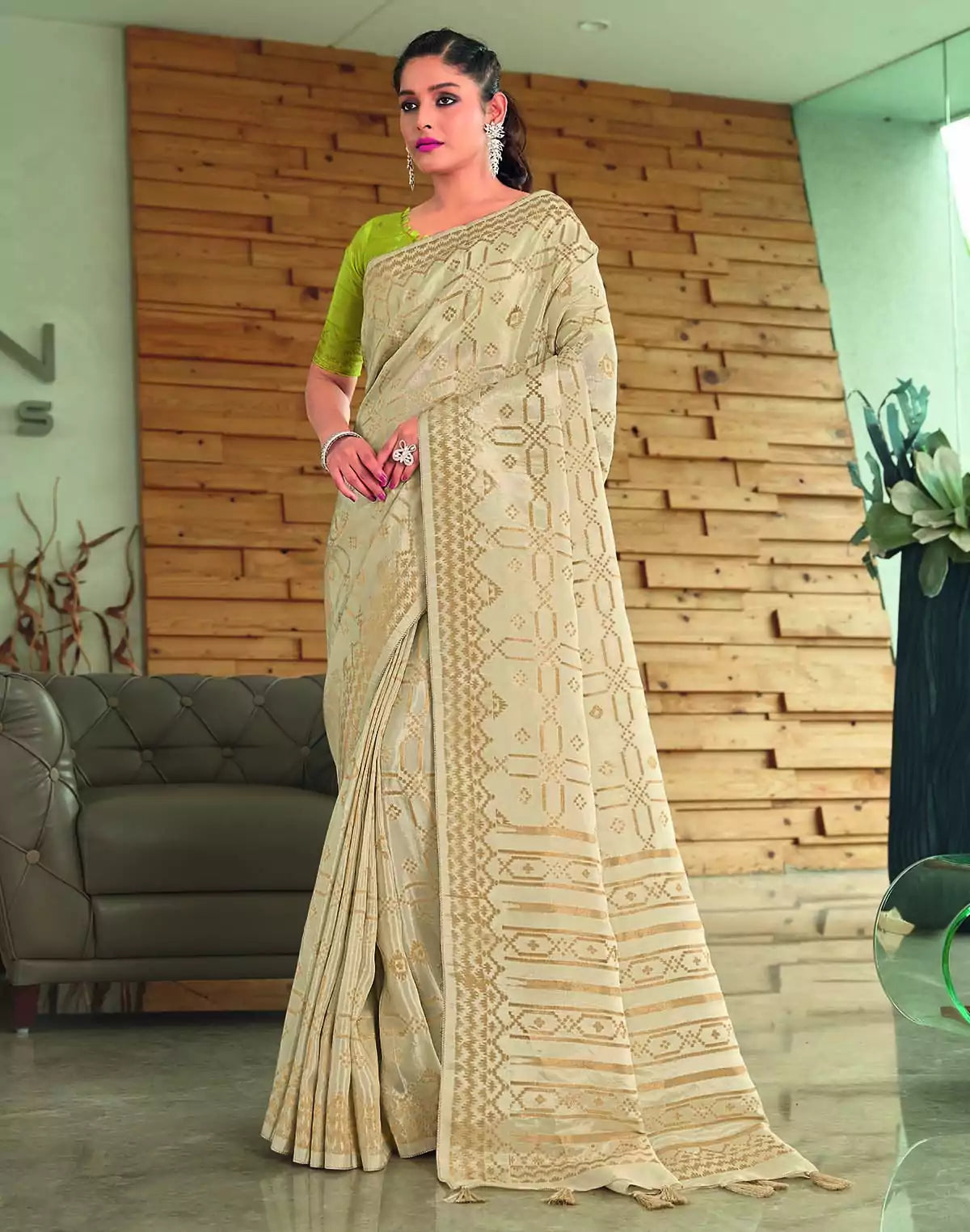 Image of Cream and Gold Semi Crape Saree