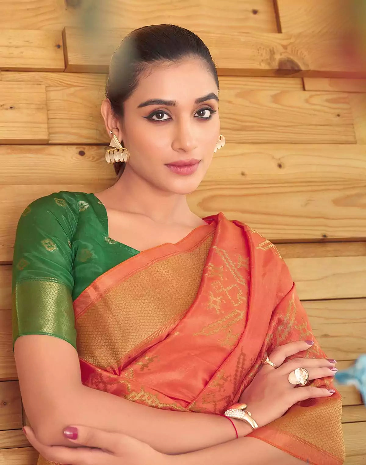 Image of Orange Semi Crape Contrast Blouse Saree