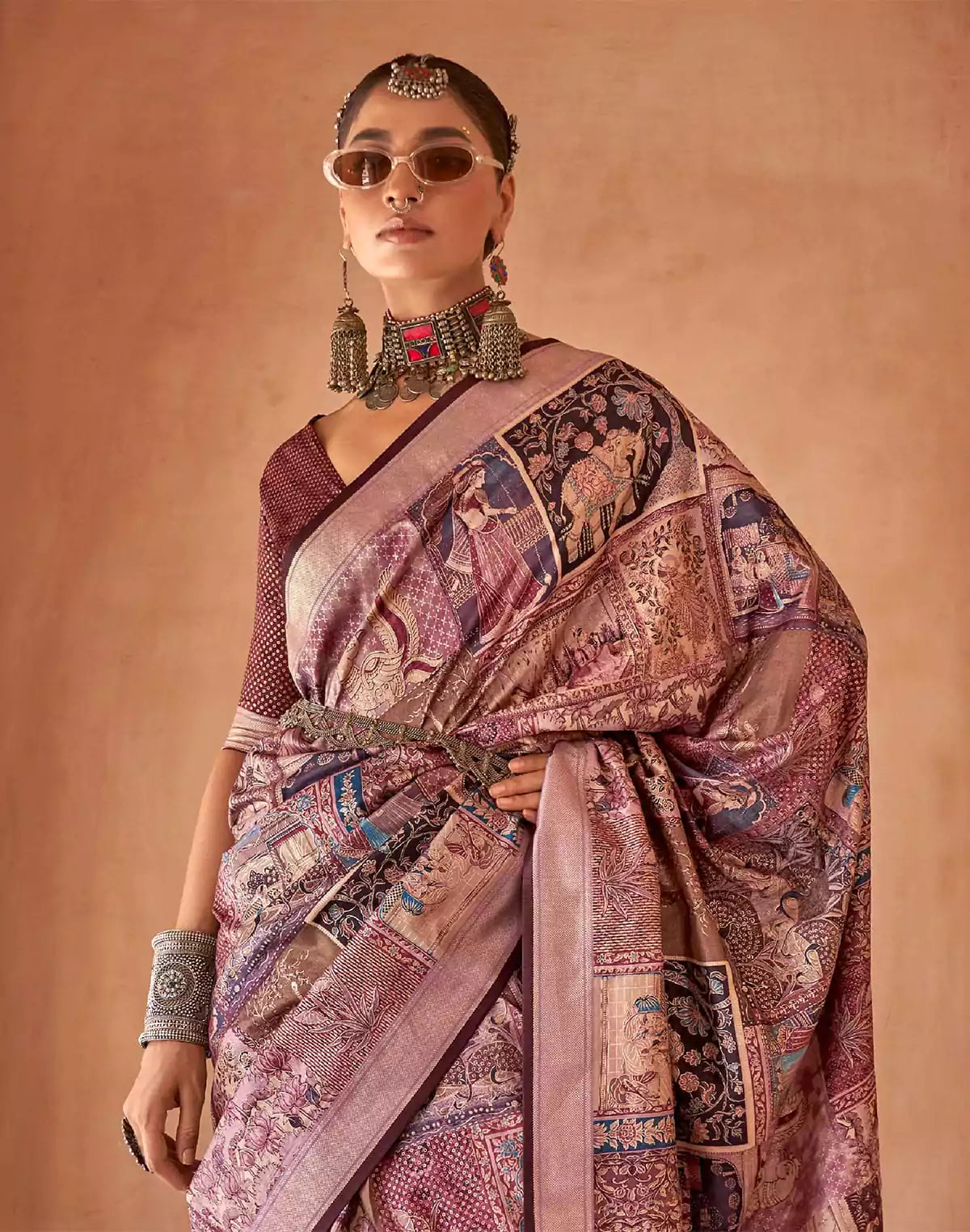 Image of Voilet Floral Print Soft Silk Saree
