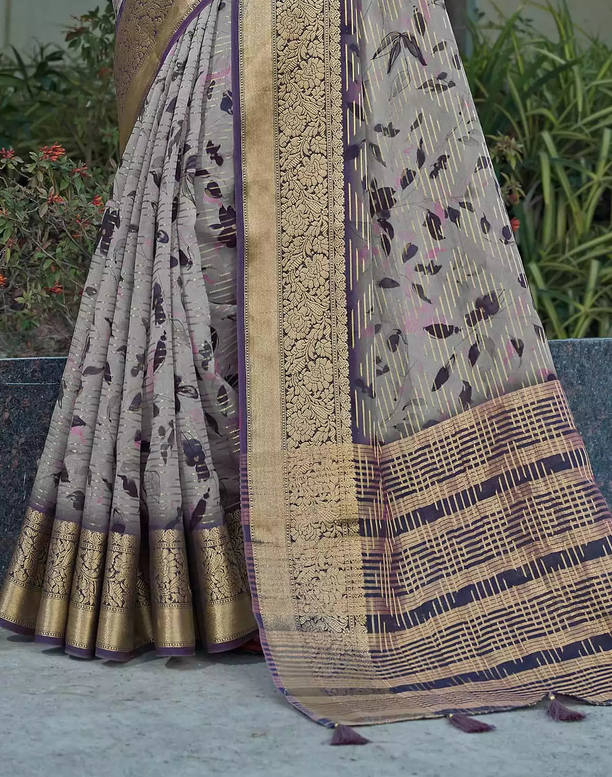 Image of Light Grey Ethnic Motifs Dola Silk Saree