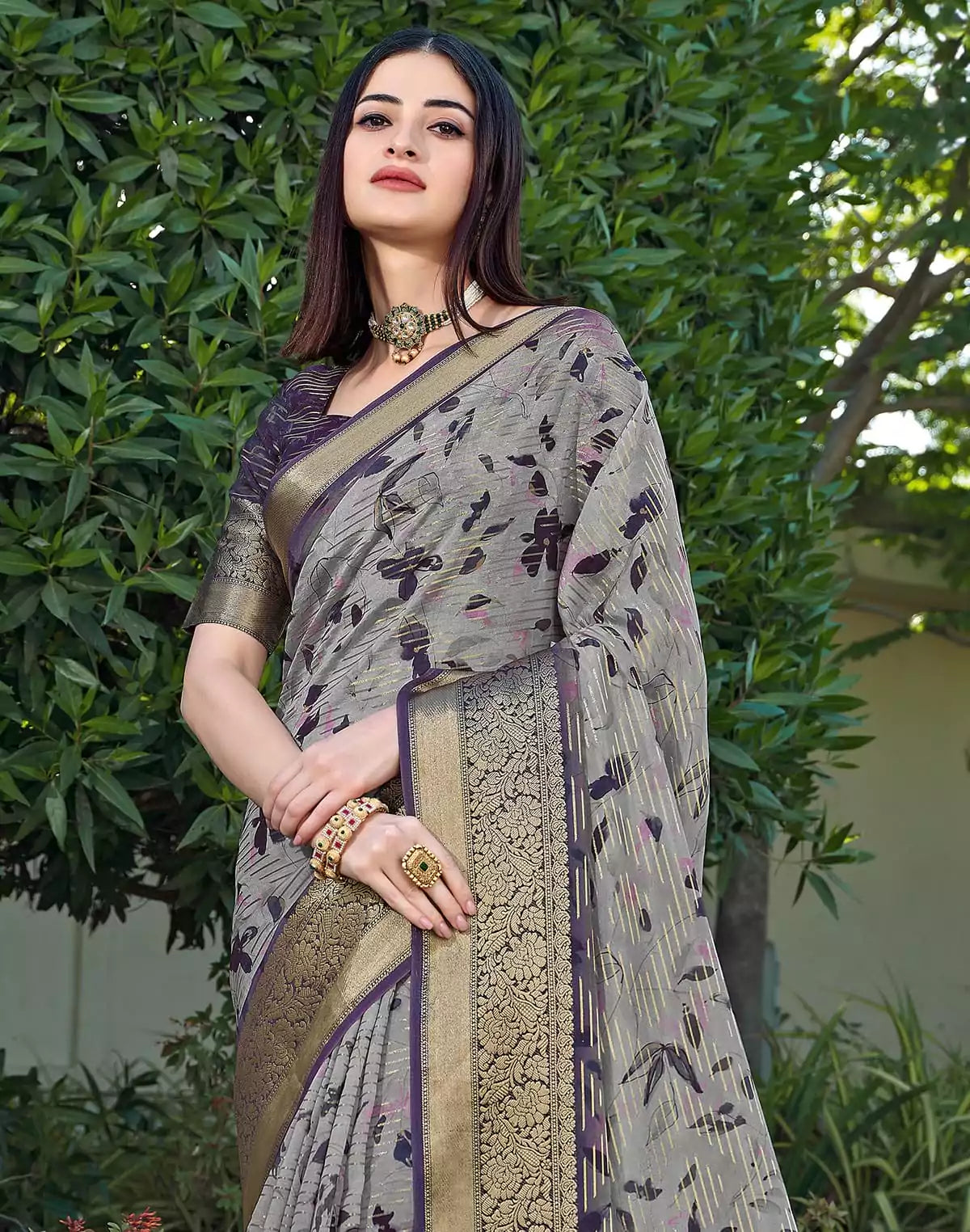Image of Light Grey Ethnic Motifs Dola Silk Saree