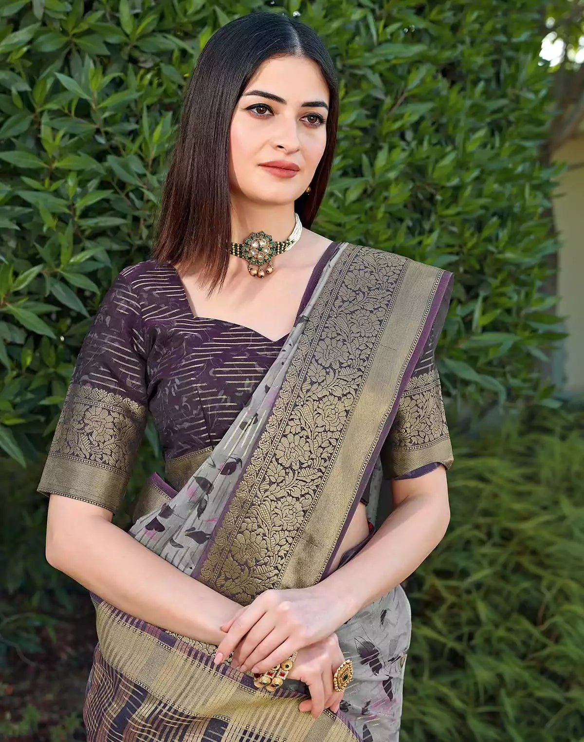 Image of Light Grey Ethnic Motifs Dola Silk Saree