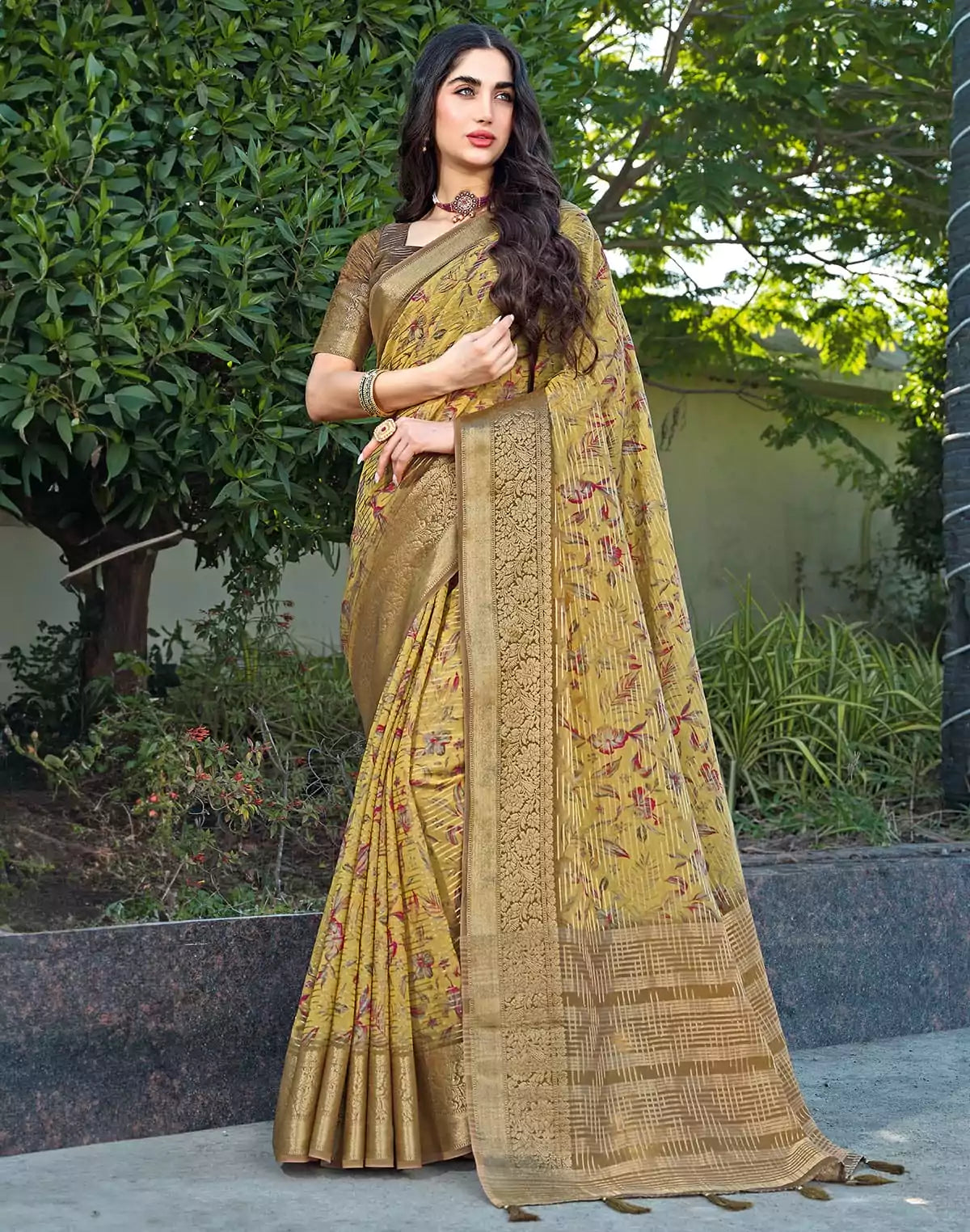 Image of Digital Foral Print Light Yellow Dola Silk Saree