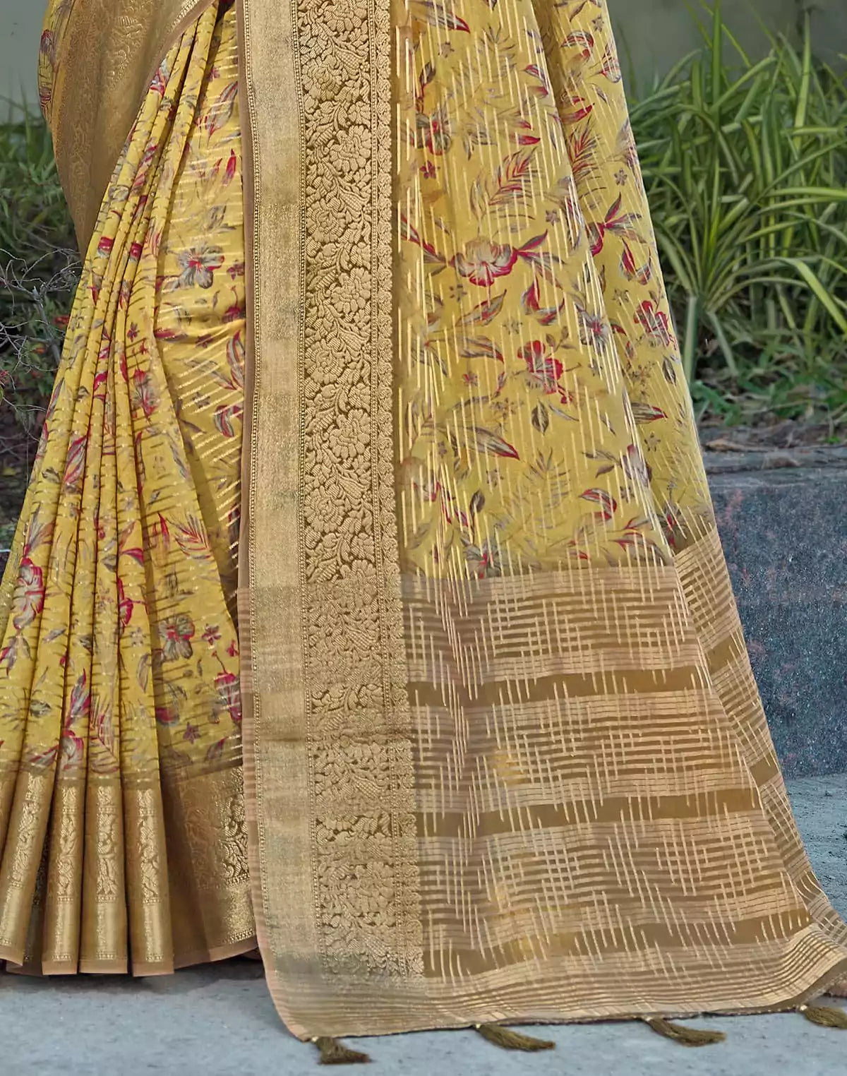 Image of Digital Foral Print Light Yellow Dola Silk Saree