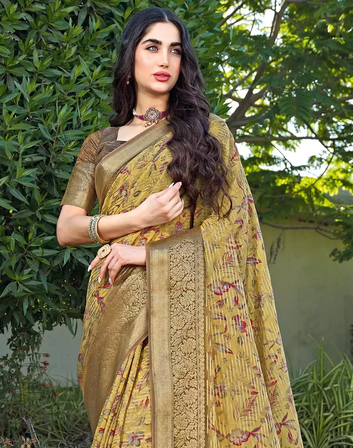 Image of Digital Foral Print Light Yellow Dola Silk Saree